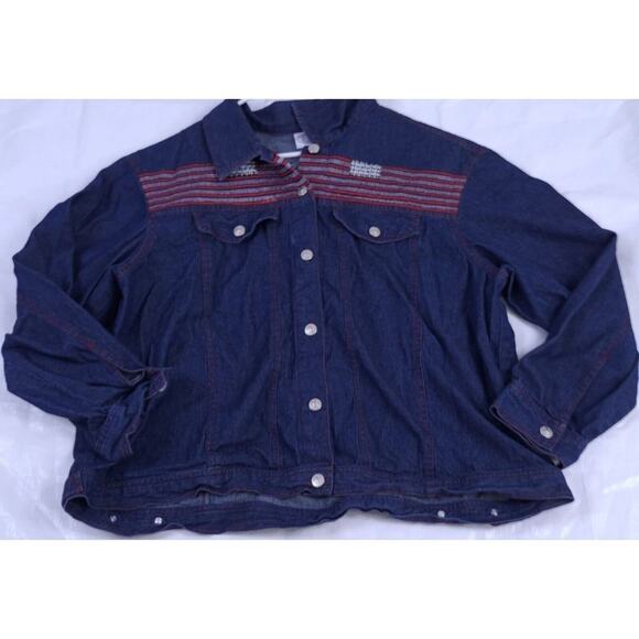 Vintage Carolina Blues Jean Jacket Plus Size 22 Lt Weight Denim Red Thread Trim - Picture 1 of 7